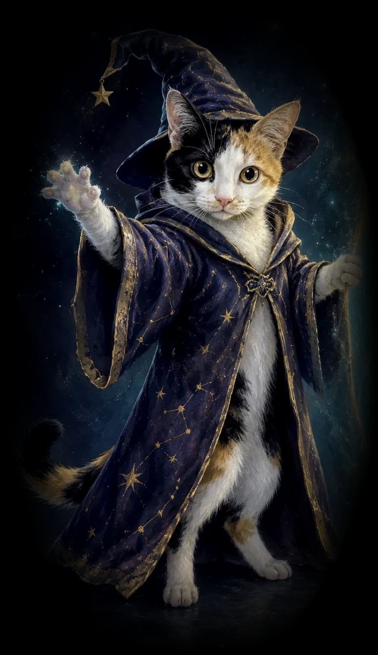 Dax, a calico cat in a wizard's robe, holding open a doorway of light